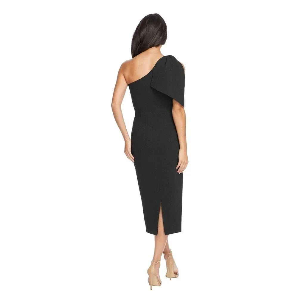 NEW Dress the Population Tiffany Midi Dress One Shoulder Bow Women Black L - Picture 2 of 7
